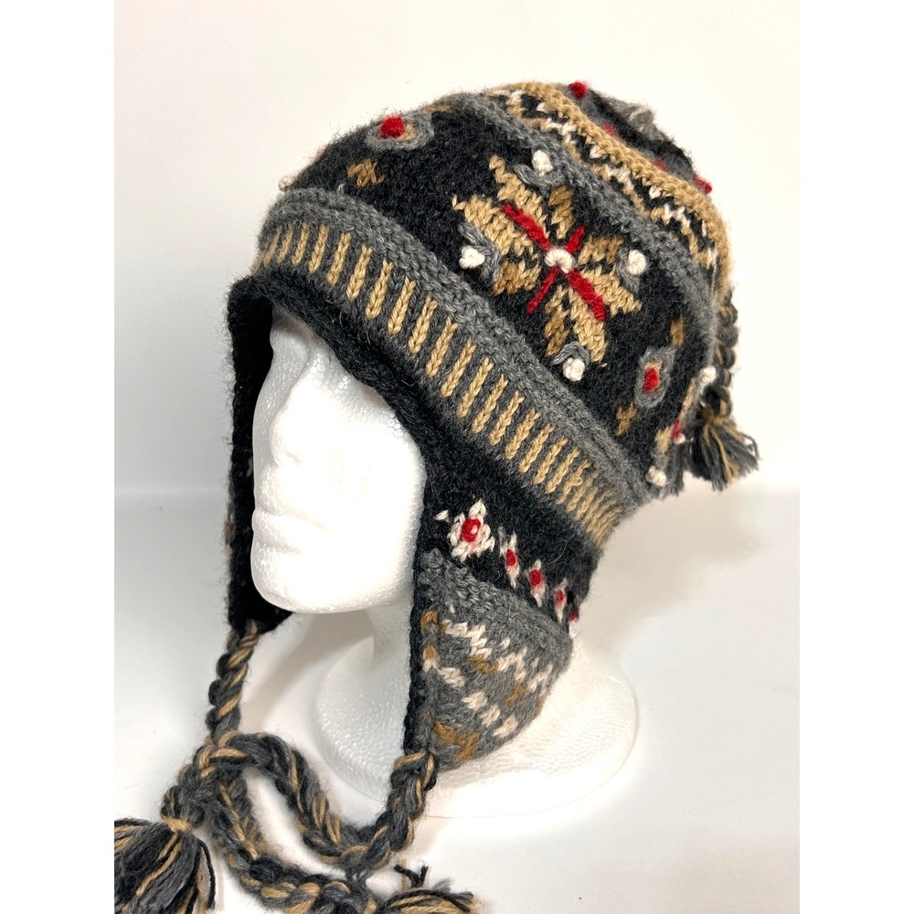 Icelandic Design Beanie Hat Alpaca Blend Peruvian Adult Ear Flaps Tassels b6